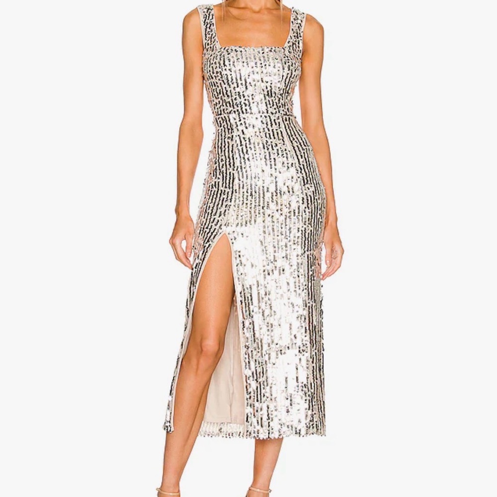 Show Me Your MuMu Silver Sequin Eden Midi Dress Side Slit Size XL